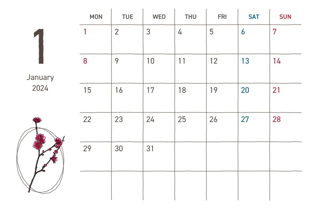 カレンダー｜2024年1月｜梅の花