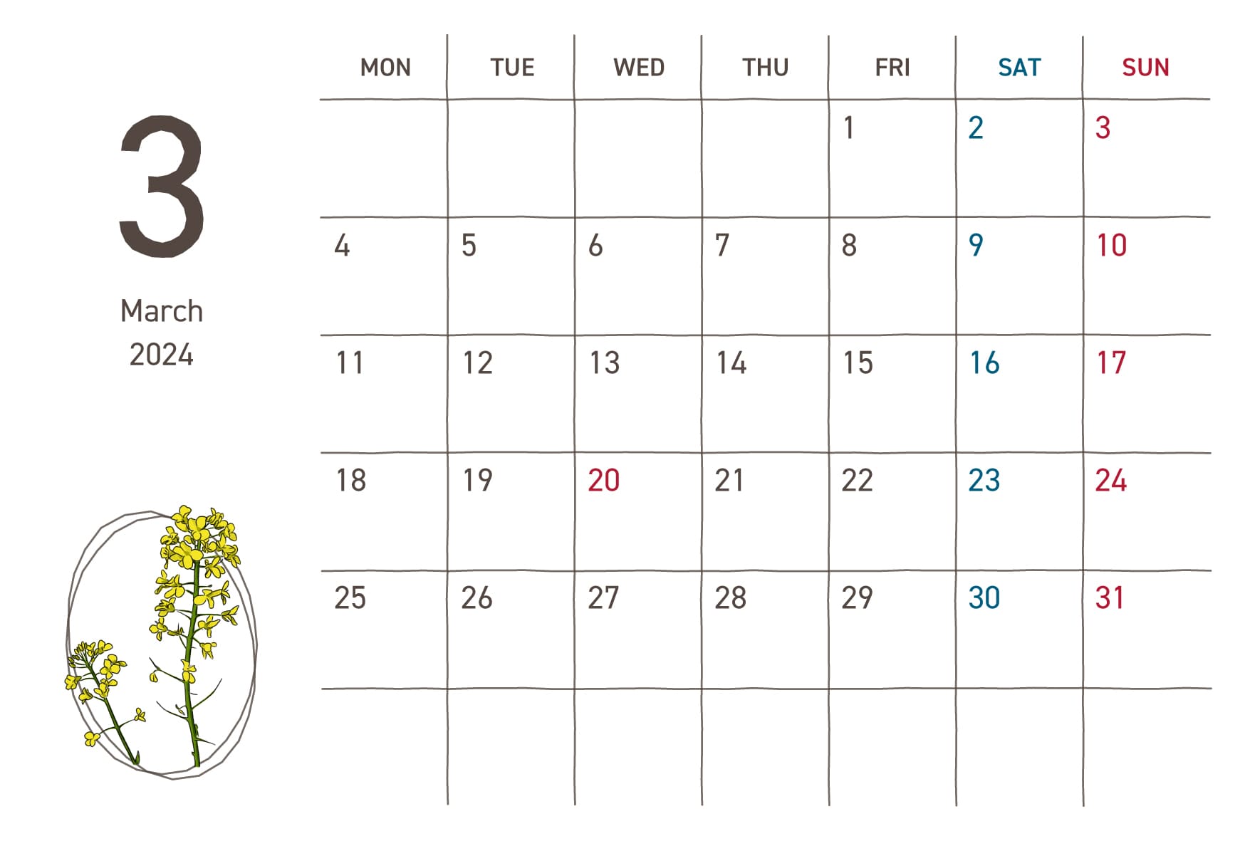 カレンダー｜2024年3月｜フリー素材 - GreenStock40