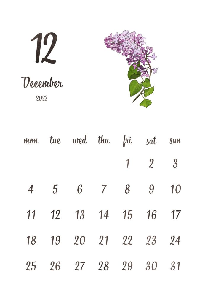 カレンダー｜2023年12月｜ライラック