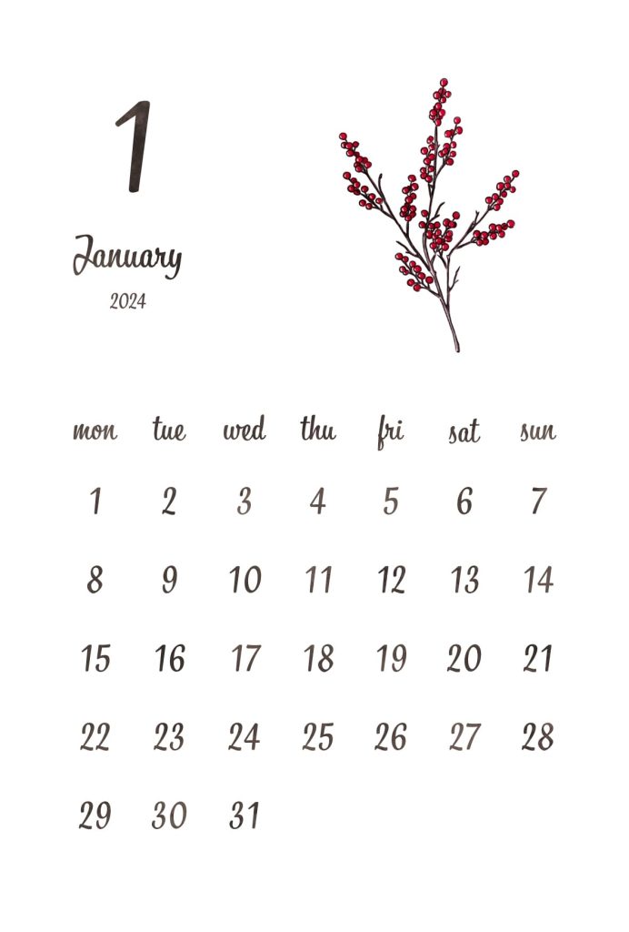 カレンダー｜2024年1月｜南天