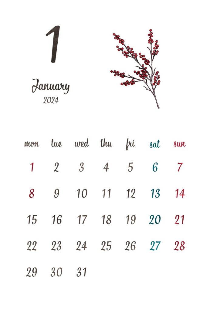 カレンダー｜2024年1月｜南天