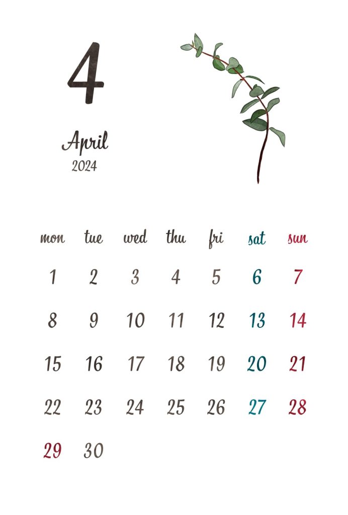 カレンダー｜2024年4月｜ユーカリ