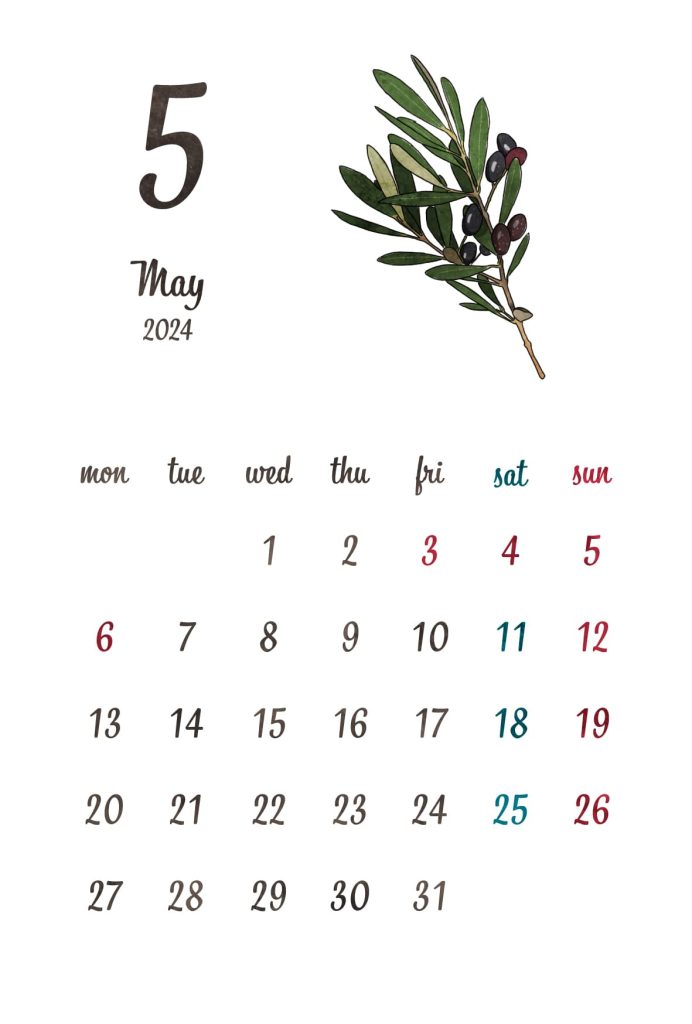 カレンダー｜2024年5月｜オリーブ