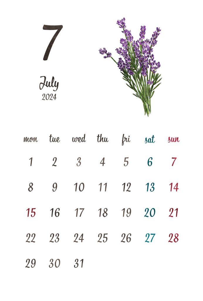 カレンダー｜2024年7月｜ラベンダー