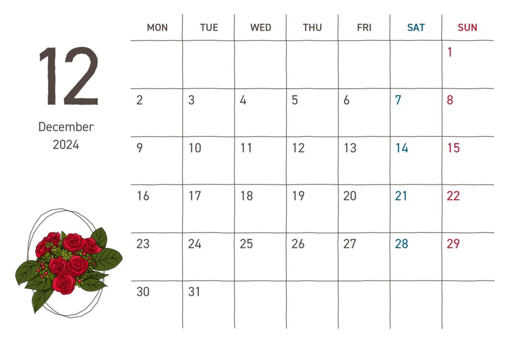 カレンダー｜2024年12月｜赤いバラ