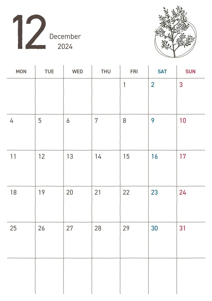B6カレンダー｜2024年12月｜オリーブの木