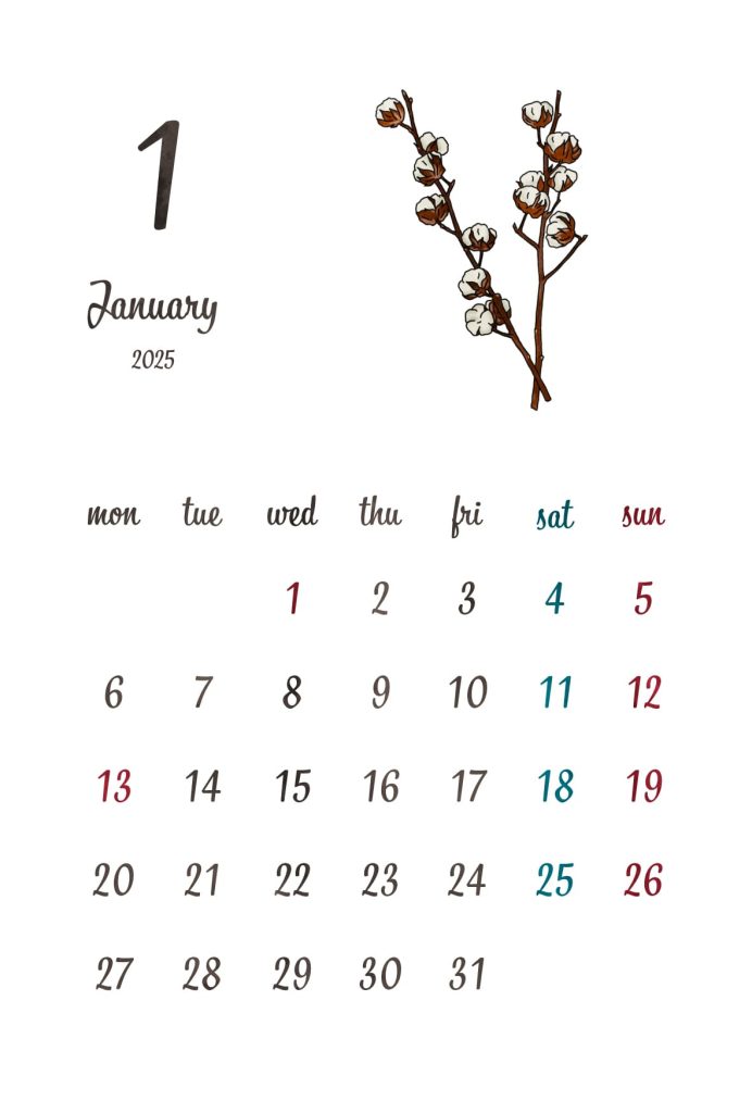 カレンダー｜2025年1月｜コットンフラワー