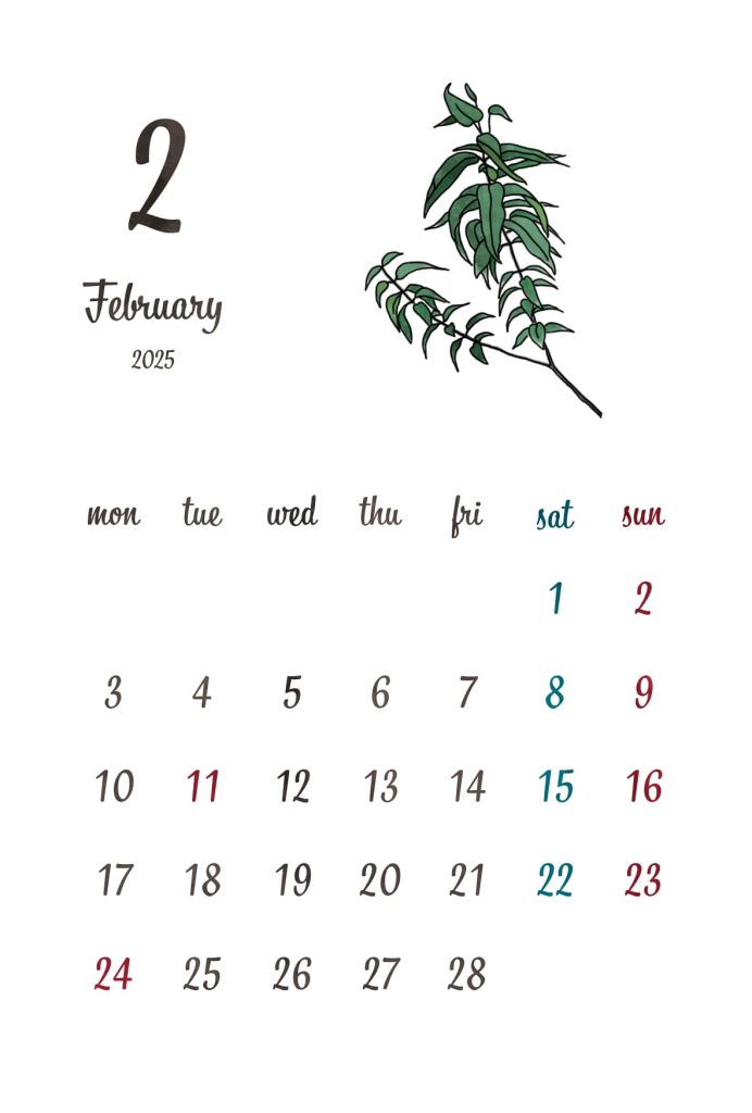 カレンダー｜2025年2月｜レモンユーカリ