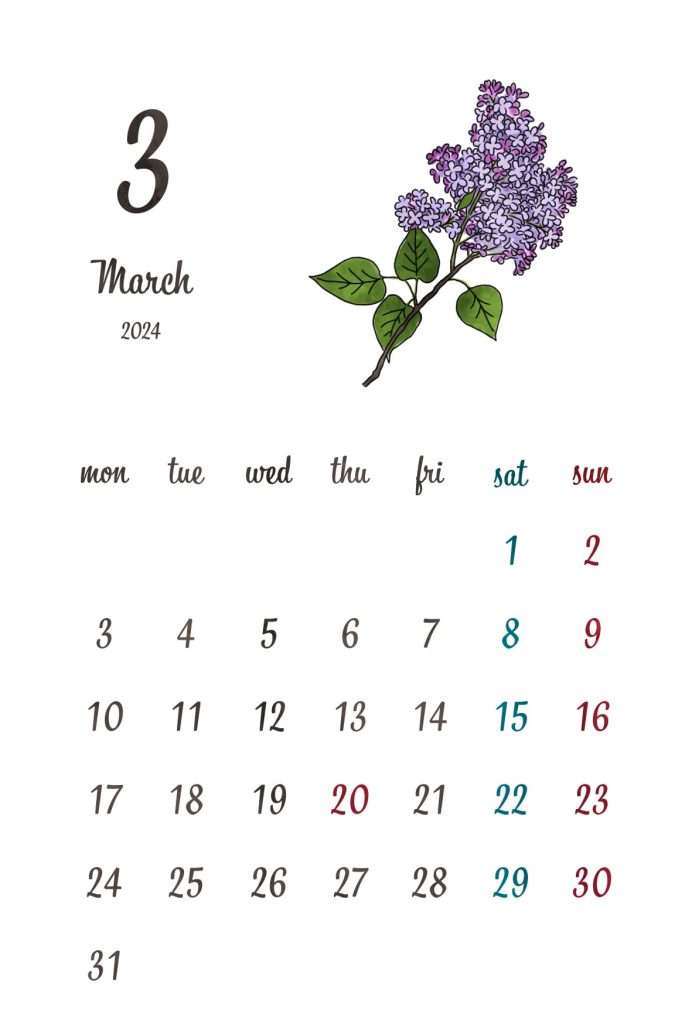 カレンダー｜2025年3月｜ライラック