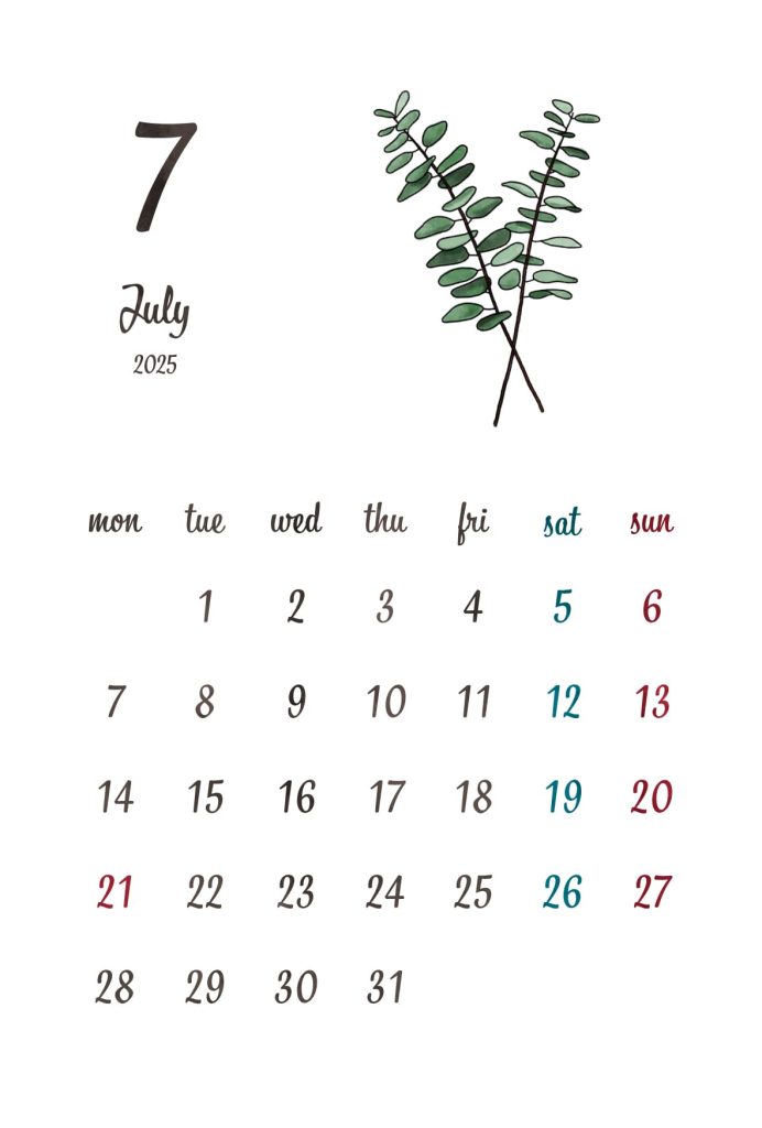 カレンダー｜2025年7月｜ユーカリ