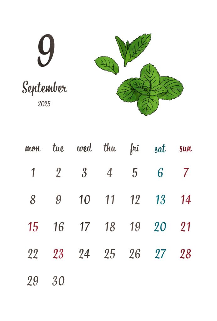 カレンダー｜2025年9月｜ミント