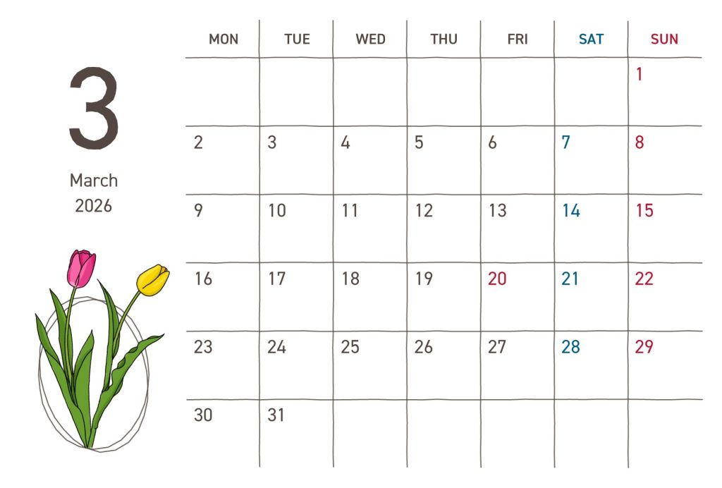 カレンダー｜2026年3月｜チューリップ