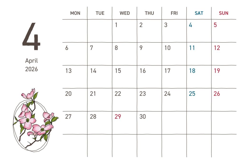 カレンダー｜2026年4月｜ハナミズキ