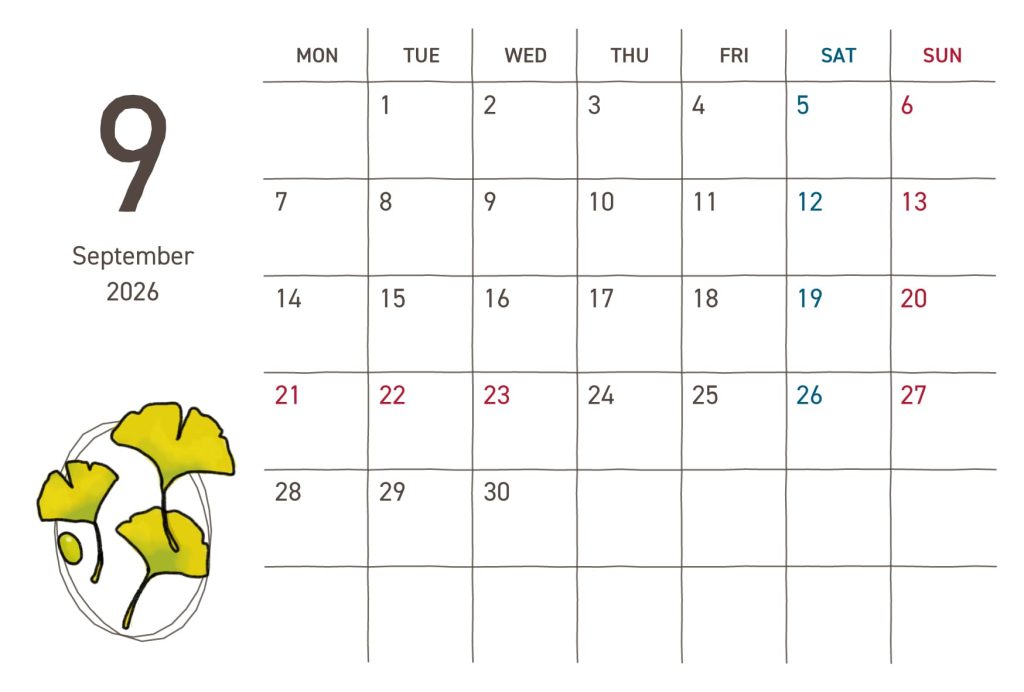 カレンダー｜2026年9月｜イチョウ