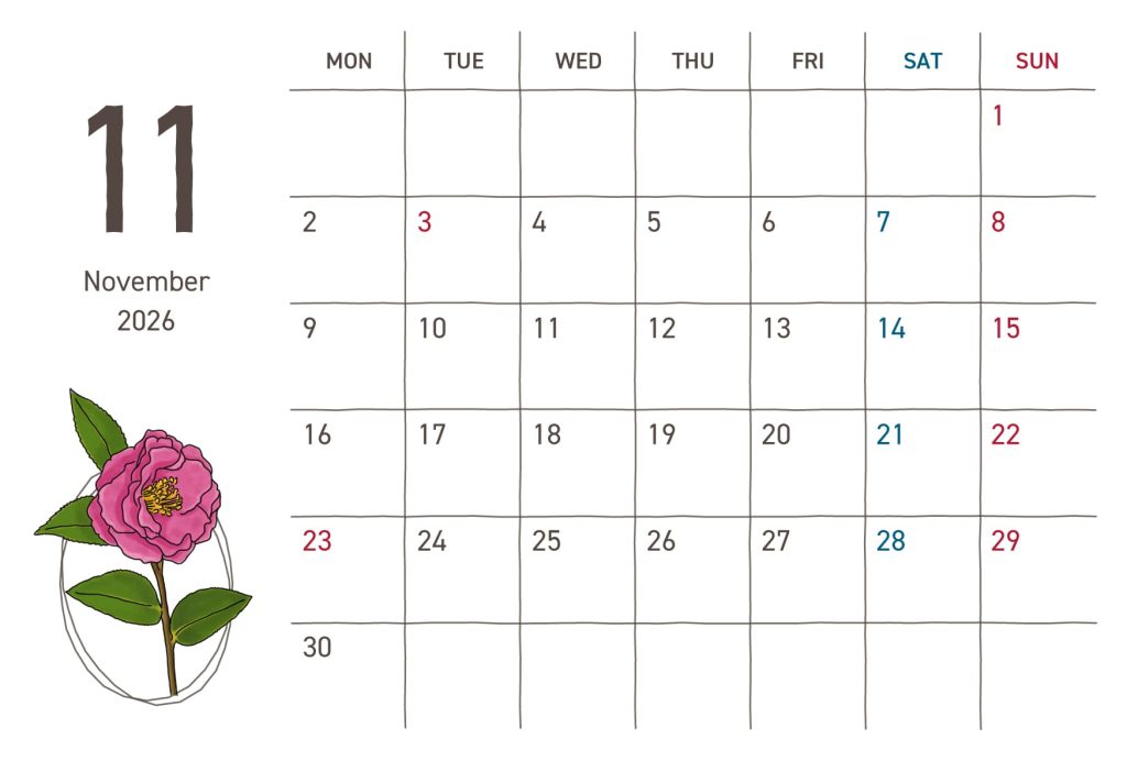 カレンダー｜2026年11月｜サザンカ