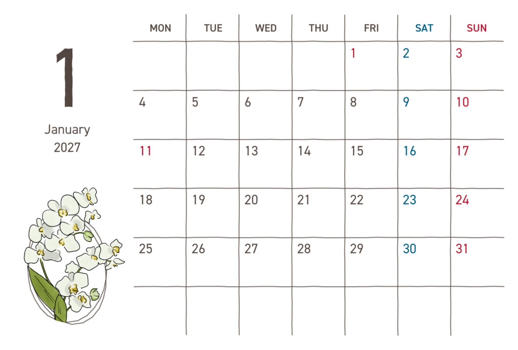 カレンダー｜2027年1月｜胡蝶蘭
