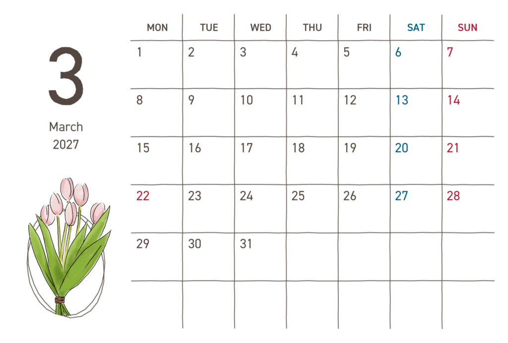 カレンダー｜2027年3月｜チューリップ