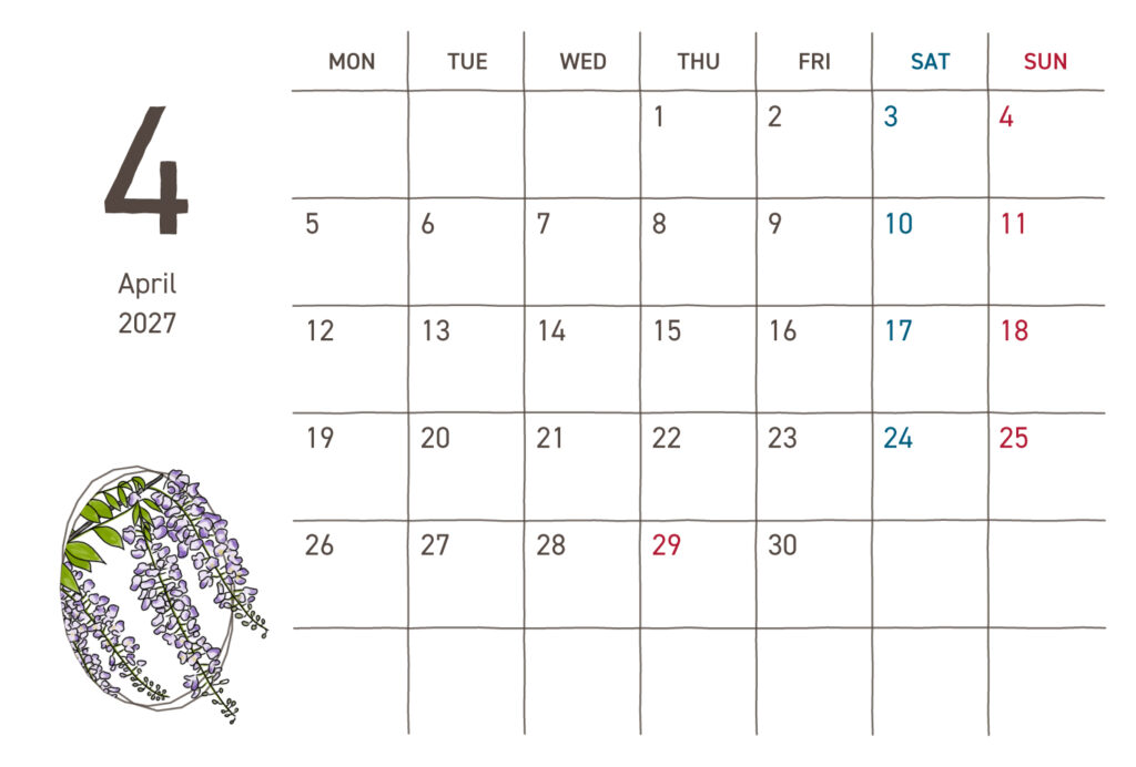 カレンダー｜2027年4月｜フジ
