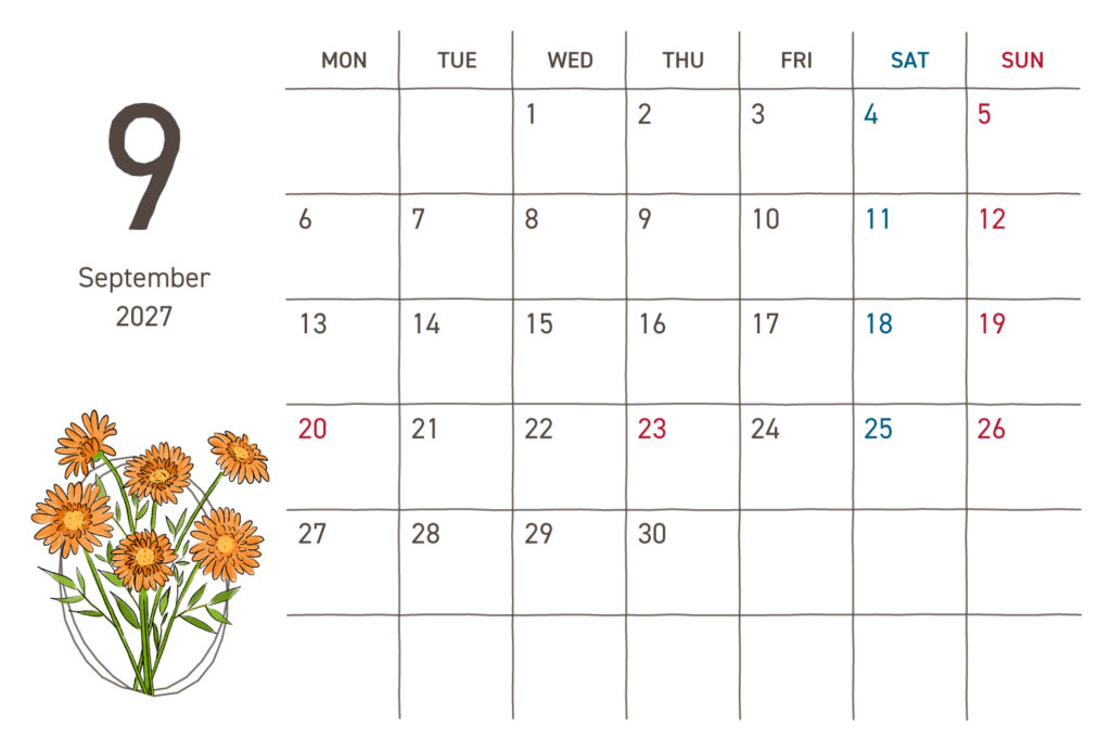 カレンダー｜2027年9月｜ガーベラ