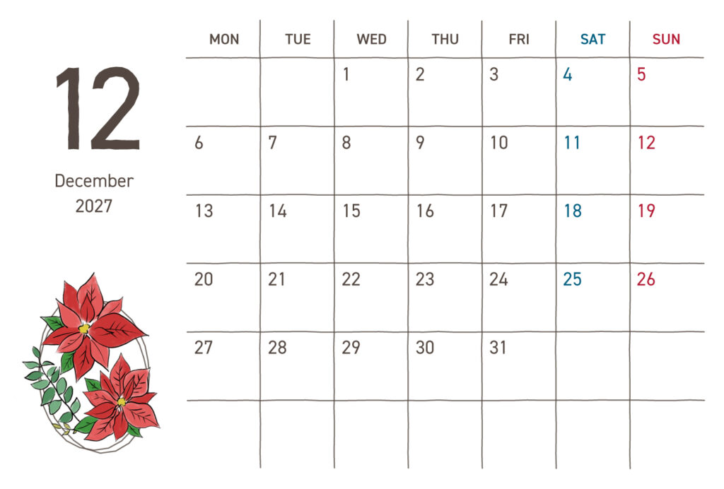カレンダー｜2027年12月｜ポインセチア